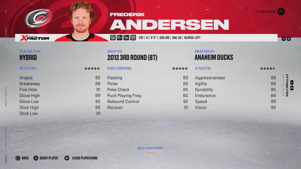 NHL 23에서 볼 수 있는 Fredrick Andersen(최고의 골키퍼 중 한 명)