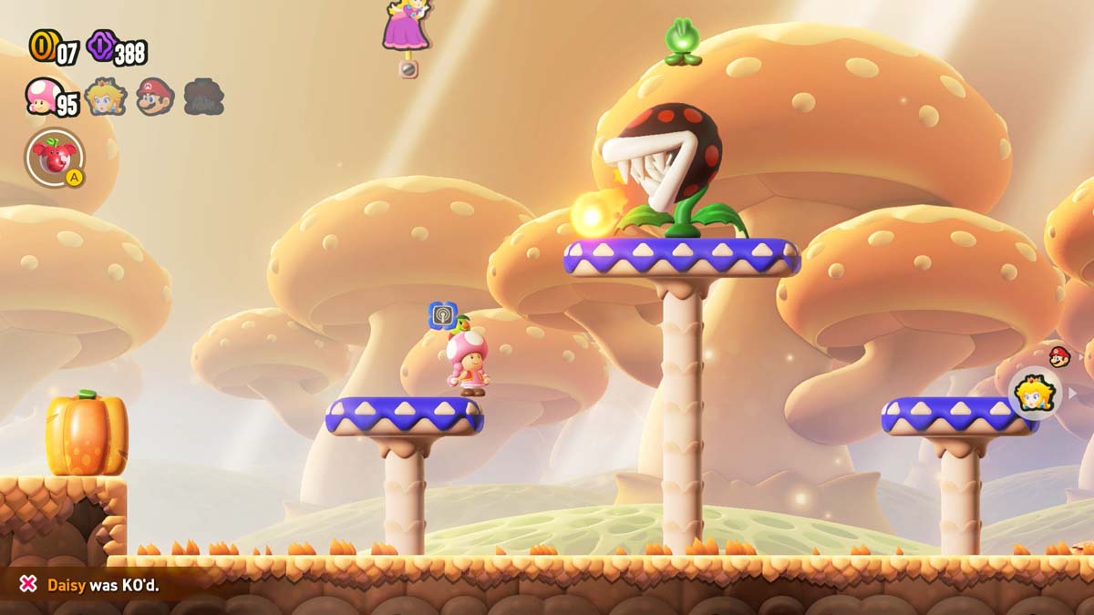 버섯 테마의 Super Mario Bros. 게임 레벨에서 거대한 피라냐 식물을 피하고 있는 Toadette