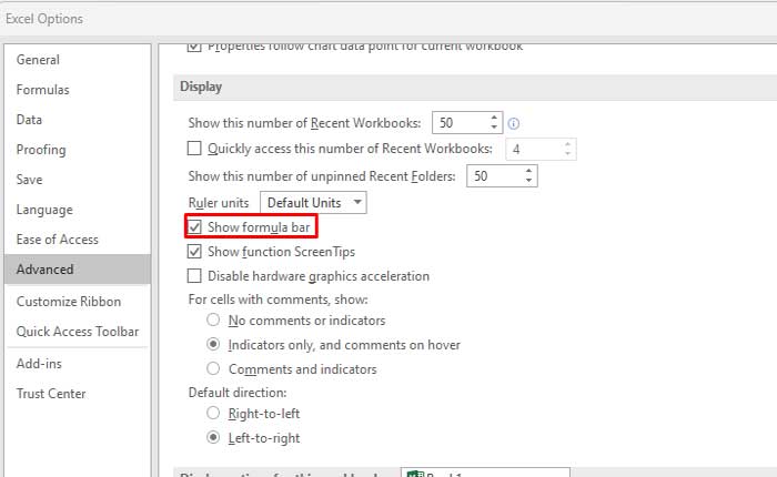 Excel 옵션에서 수식 입력줄 표시