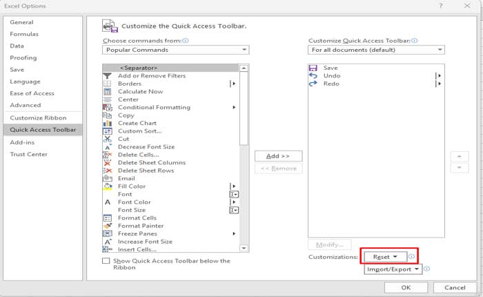 Excel 기본 설정 재설정 