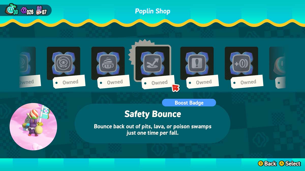 부스트 배지로 'Safety Bounce'가 선택된 비디오 게임의 상점 인터페이스로, 위험으로부터 일회성 반송 능력을 설명합니다.