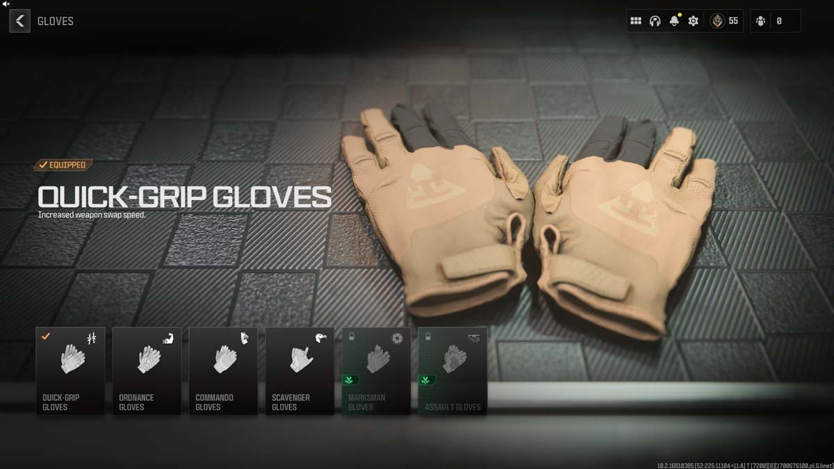Call of Duty Modern Warfare III에 표시된 Quick-Grip 장갑 장비는 무기 교체 속도를 높이기 위해 설계되었습니다.