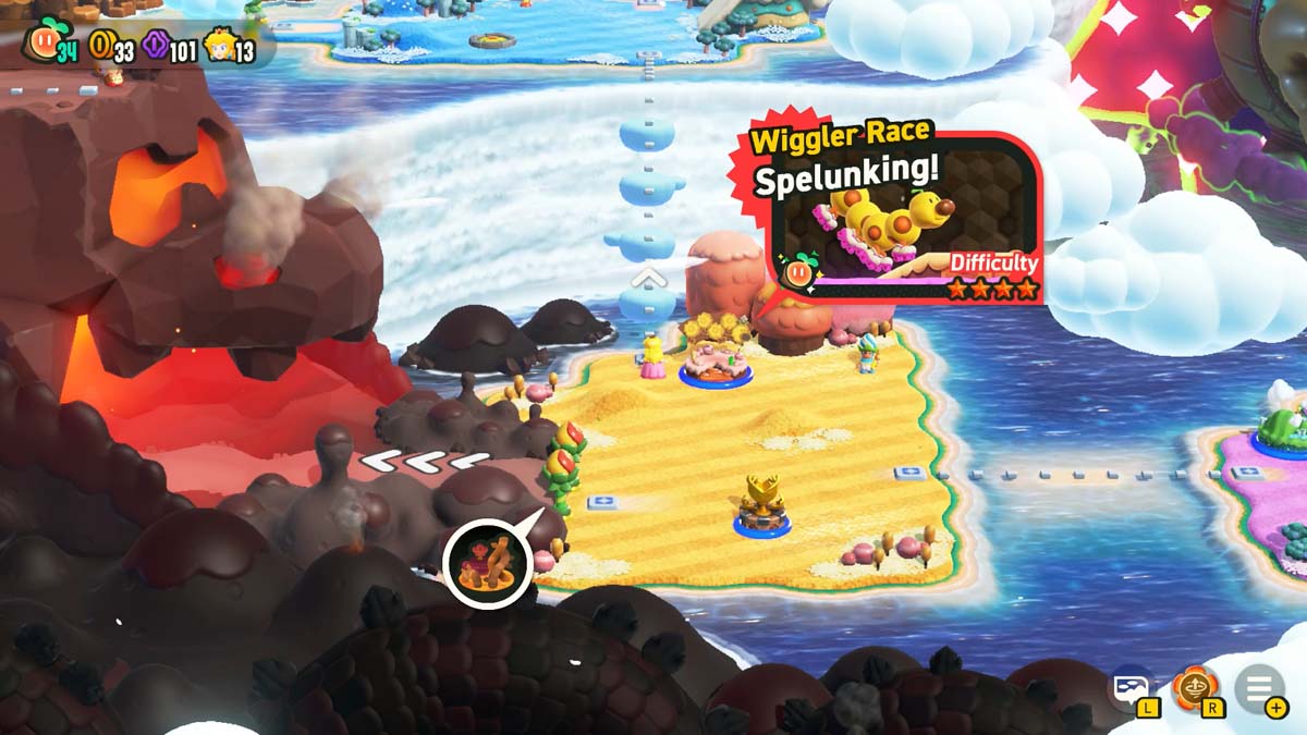 슈퍼 마리 브라더스 원더 게임의 불타는 산을 배경으로 'Wiggler Race Spelunking' 챌린지가 있는 해변 장면입니다.
