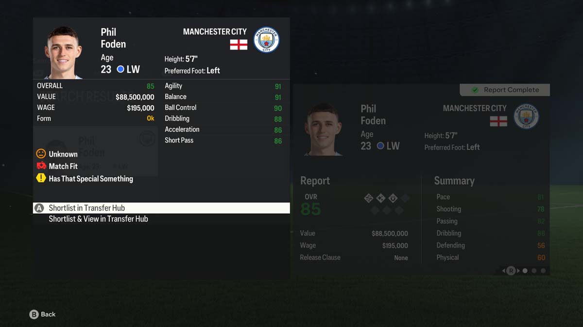 EA Sports FC 24 비디오 게임에서 자세한 속성을 포함한 Manchester City 출신 Phil Foden 선수 프로필.