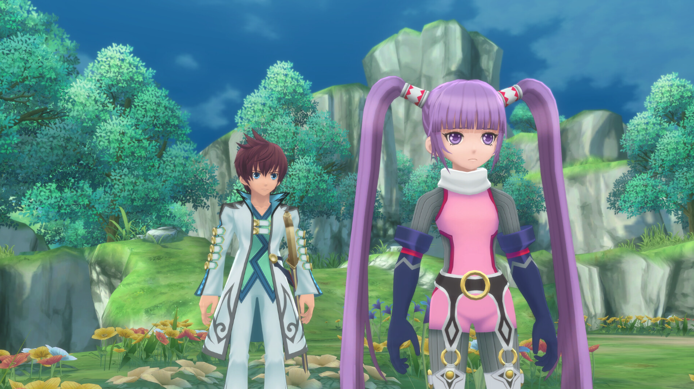 두 캐릭터를 보여주는 Tales of Graces f Remastered 게임의 스크린샷