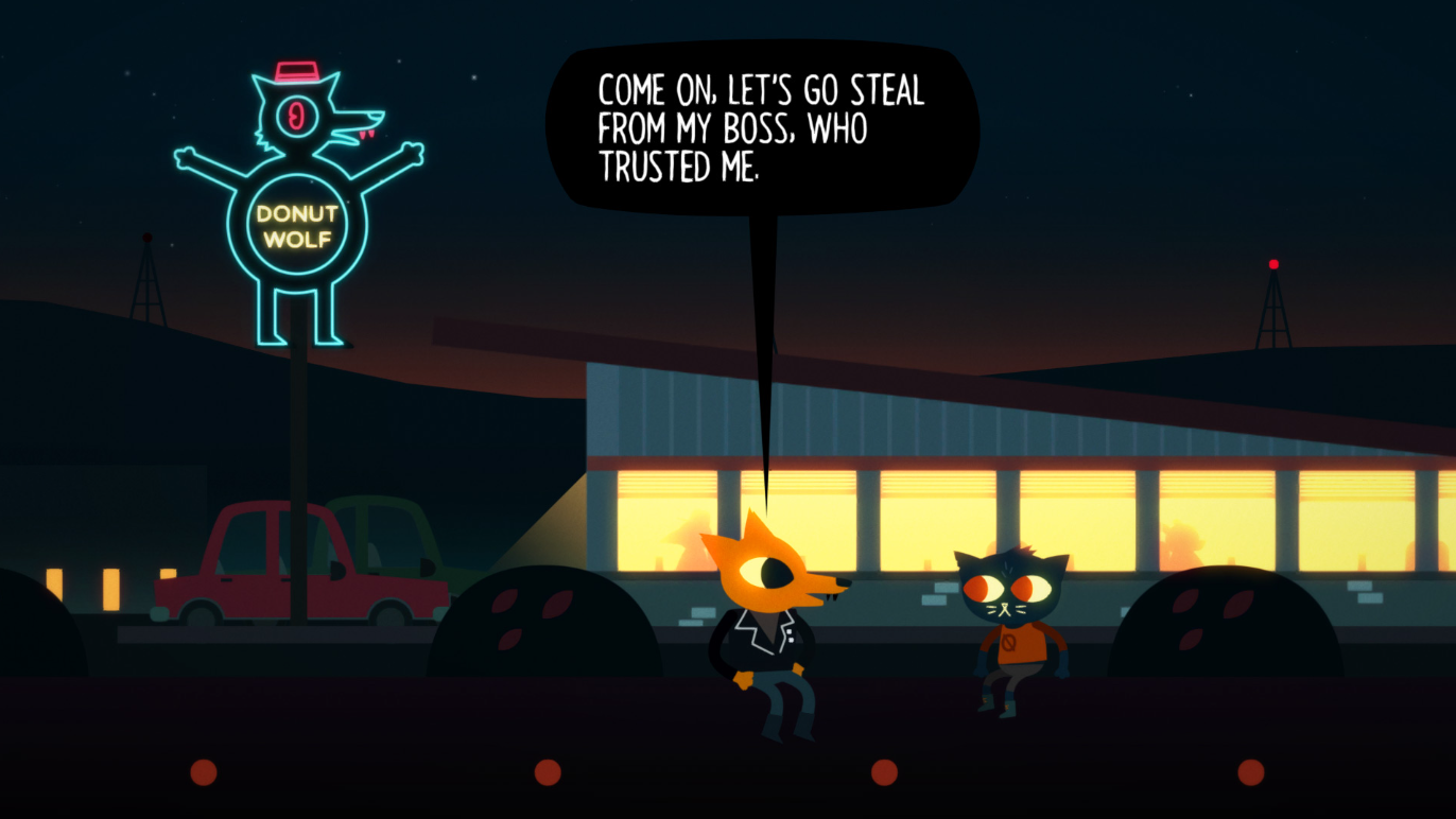 Night in the Woods 게임의 Donut Wolf라는 식당에 있는 여우와 고양이