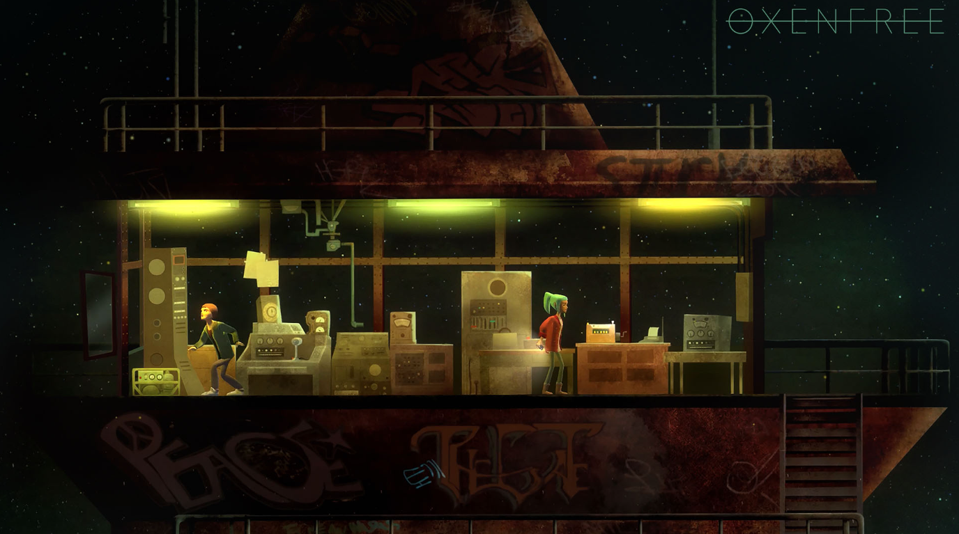 Oxenfree 게임에 등장하는 두 명의 캐릭터가 있는 일종의 제어실