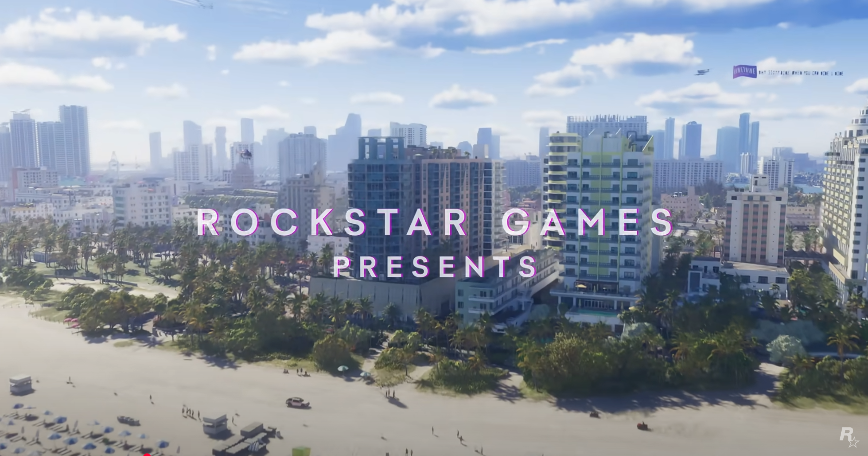 모두 대문자로 된 "Rockstar Games Presents"라는 단어와 그 뒤에 있는 Miama 스타일의 해변 도시