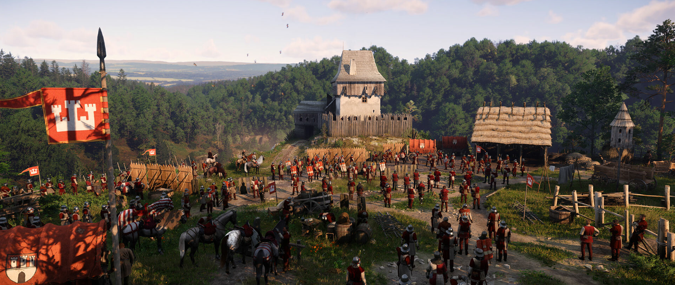 Kingdom Come: Deliverance 2 게임의 스크린샷에는 요새 근처에서 집결하는 중세 군대를 보여줍니다.