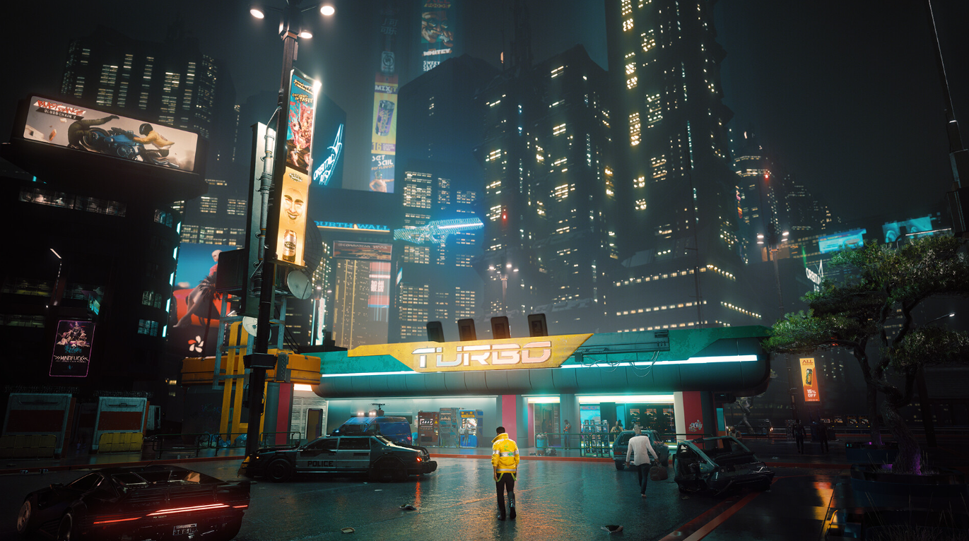 Cyberpunk 2077에서 경찰차가 보이는 미래 지향적인 도시 풍경