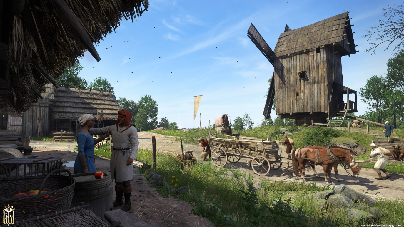 Kingdom Come: Deliverance의 말과 풍차가 있는 중세 마을 풍경