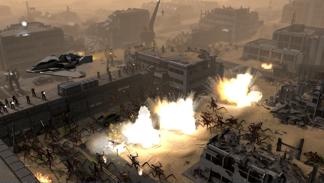 도시 환경에서 폭발과 외계 거미류를 보여주는 RTS 게임 Starship Troopers: Terran Command의 스크린샷