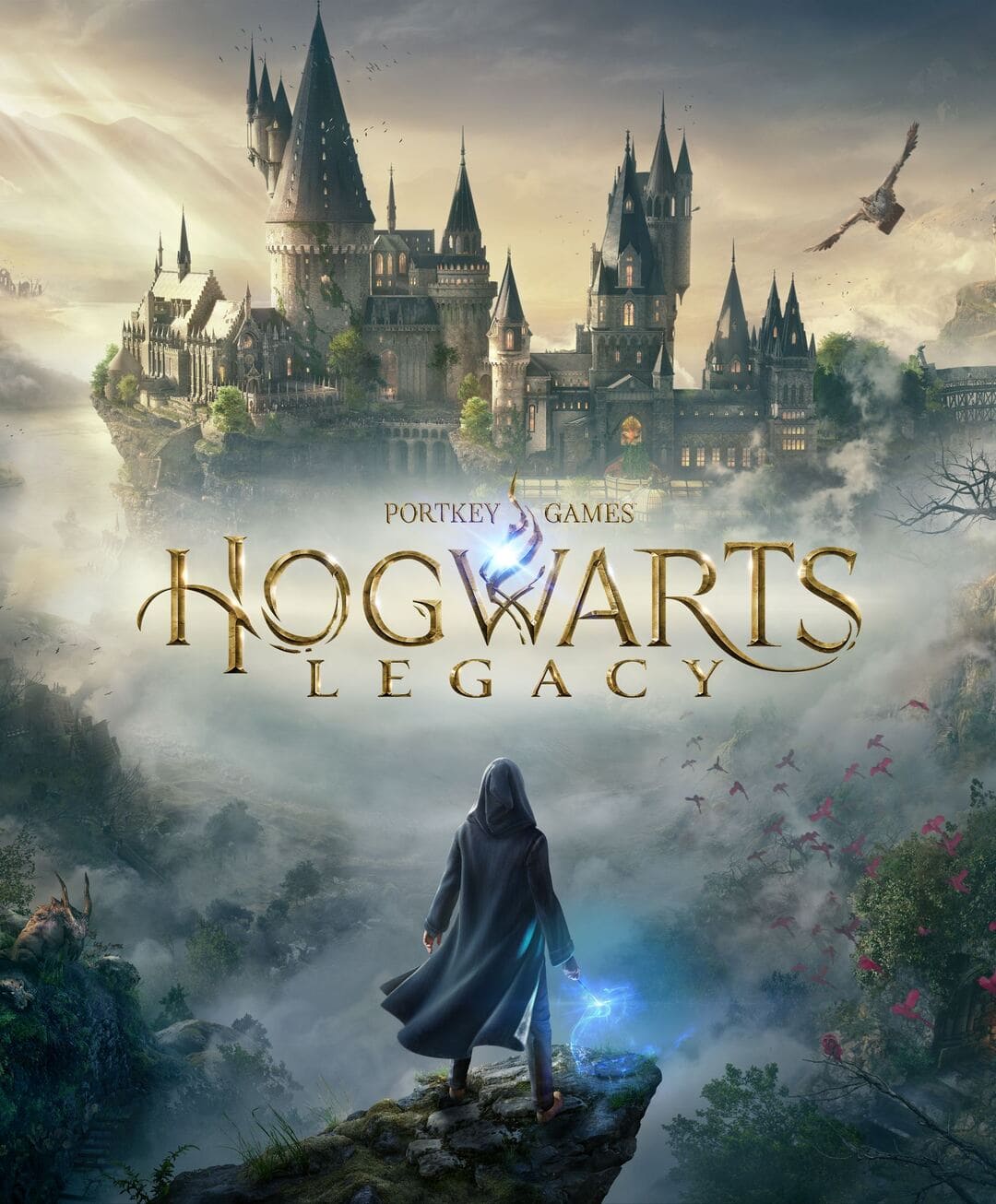 Harry Potter에서 Haze의 Hogwarts Wizard School을 향한 지팡이를 들고있는 마법사를 보여주는 Game Hogwarts Legacy의 주요 예술