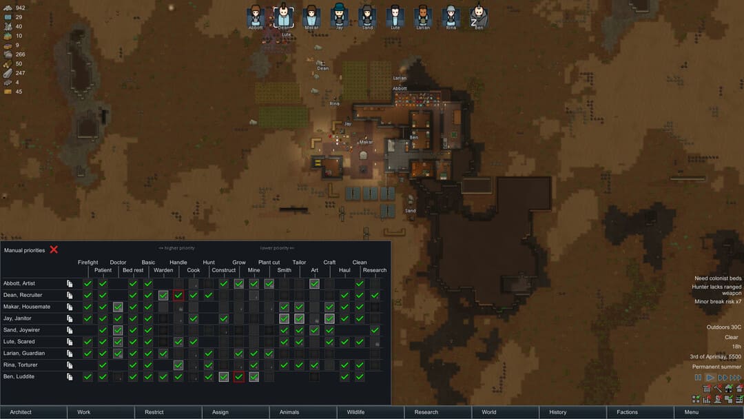 작업자 우선 순위를 보여주는 Game Rimworld의 스크린 샷과 기지의 상단보기