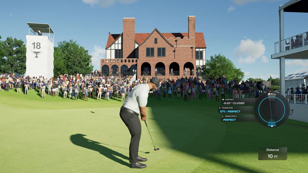 PGA Tour 2K25의 스크린 샷은 녹색의 구멍을 향해 골퍼를 보여줍니다.