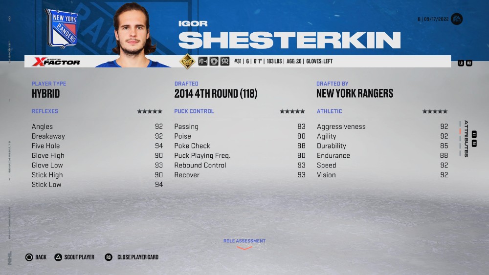 NHL 23에서 볼 수 있는 Igor Shesterkin(최고의 골키퍼 중 한 명)