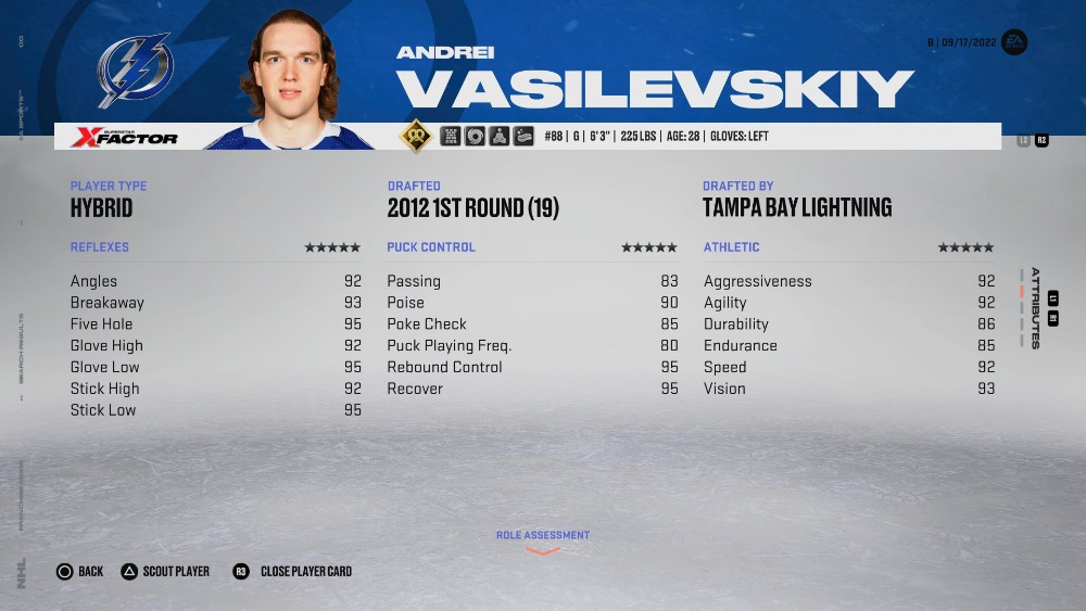 NHL 23에서 볼 수 있는 Andrei Vasilevskiy(최고의 골키퍼 중 한 명)