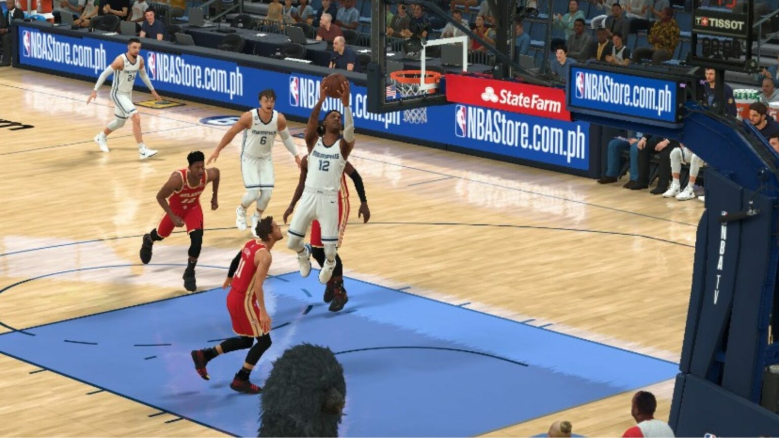 Image of NBA2k24 simulation game match where player is in air and about to make a dunk