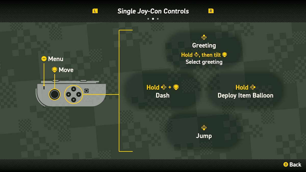 하나의 Joy-Con으로 '슈퍼 마리오 브라더스 원더'를 플레이하기 위한 컨트롤 가이드로, 이동, 인사, 대시, 아이템 풍선 배치 및 점프 방법을 보여줍니다.