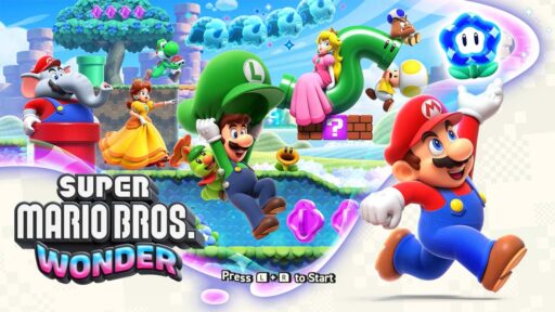 Title screen for 'Super Mario Bros Wonder' featuring Mario, Luigi, Princess Peach, and other characters with vibrant graphics and a 'Press L + R to Start' prompt.