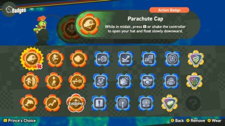 A selection screen from a video game displaying badges, with 'Parachute Cap' selected, describing its ability to float slowly downward when in midair.