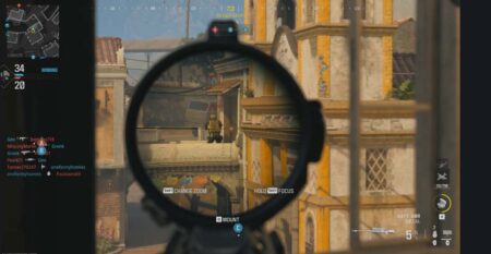 A sniper's view through a scope aiming at a distant target in Call of Duty Modern Warfare III.