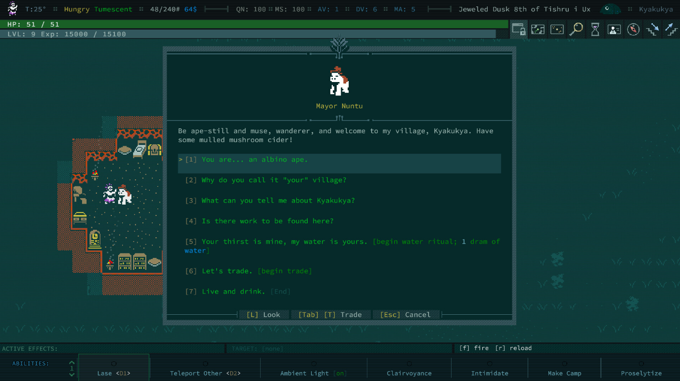 플레이어와 알비노 원숭이 사이의 대화 트리를 보여주는 Caves of Qud 게임의 스크린샷
