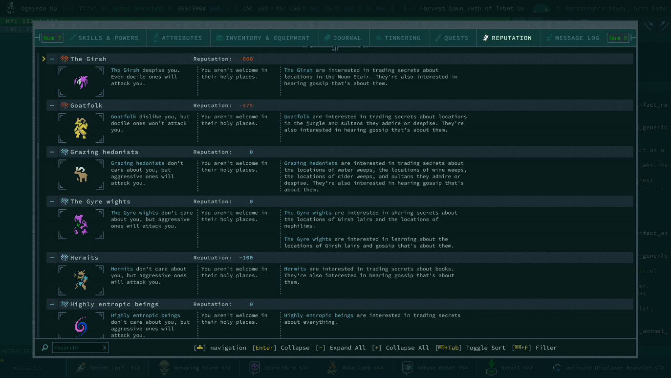 플레이어의 세력 간 평판 수준을 보여주는 Caves of Qud 게임의 스크린샷