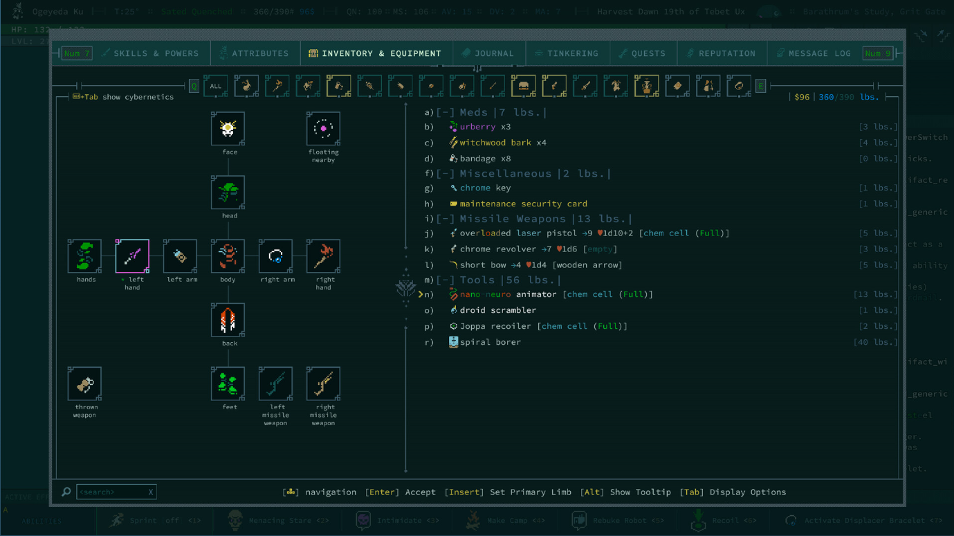 플레이어의 인벤토리 화면을 보여주는 Caves of Qud 게임의 스크린샷