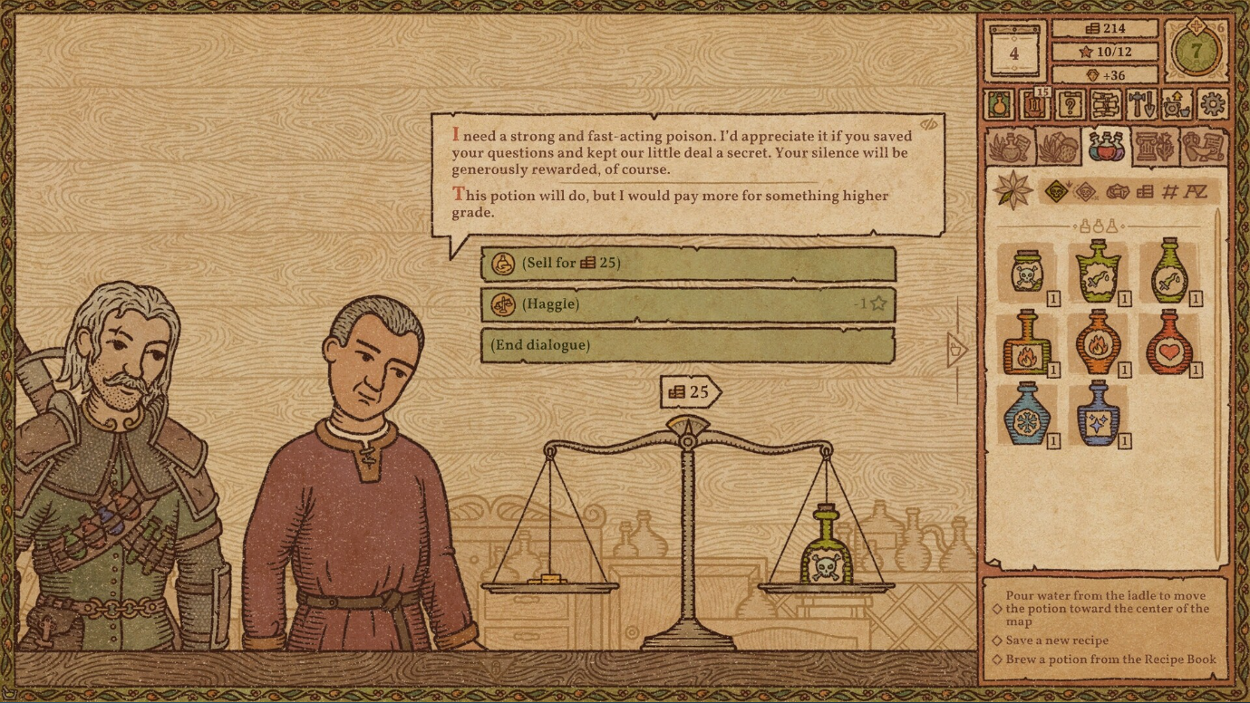 Potion Craft: Alchemist Simulator 게임의 스크린샷에는 두 남자가 독약을 사달라고 요청하는 모습이 나와 있습니다.