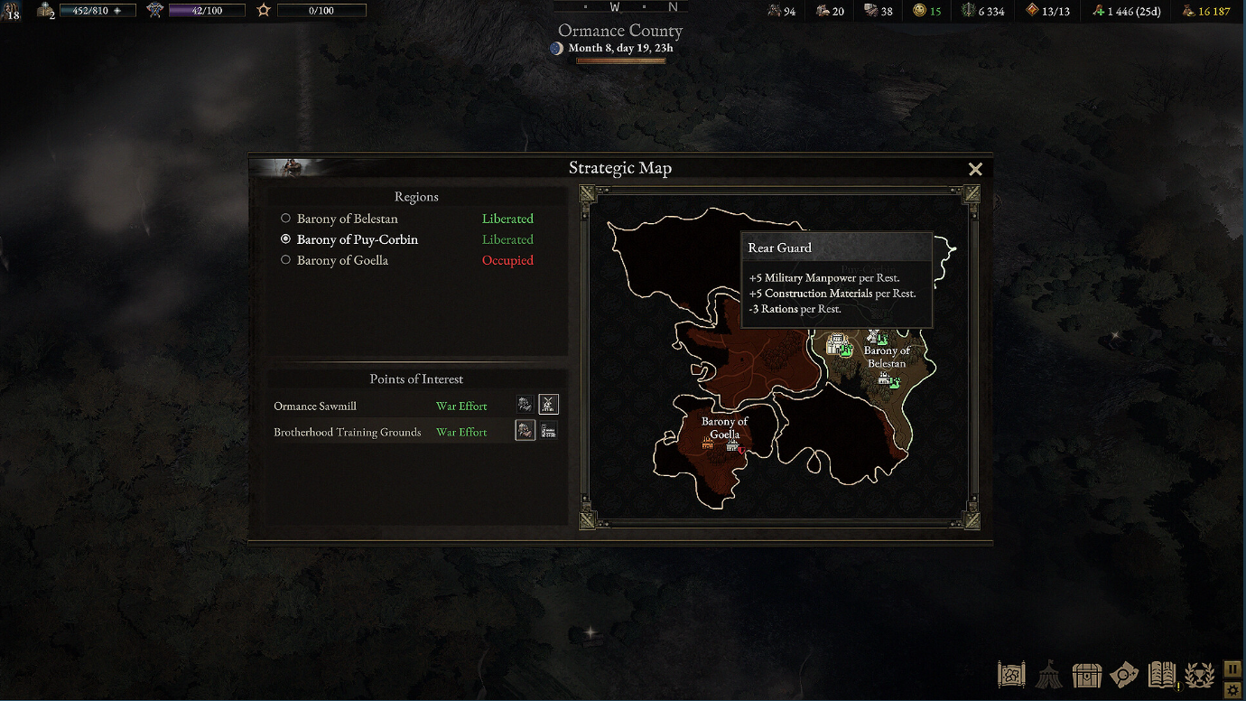Wartales, The Skelmar Invasion의 Ormance County 전략 지도 GUI