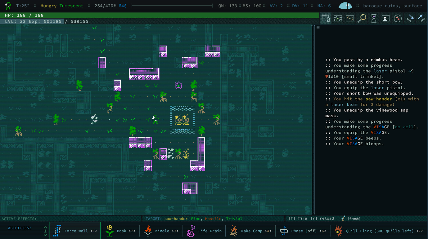 Caves of Qud 게임의 메인 플레이 화면을 보여주는 스크린샷
