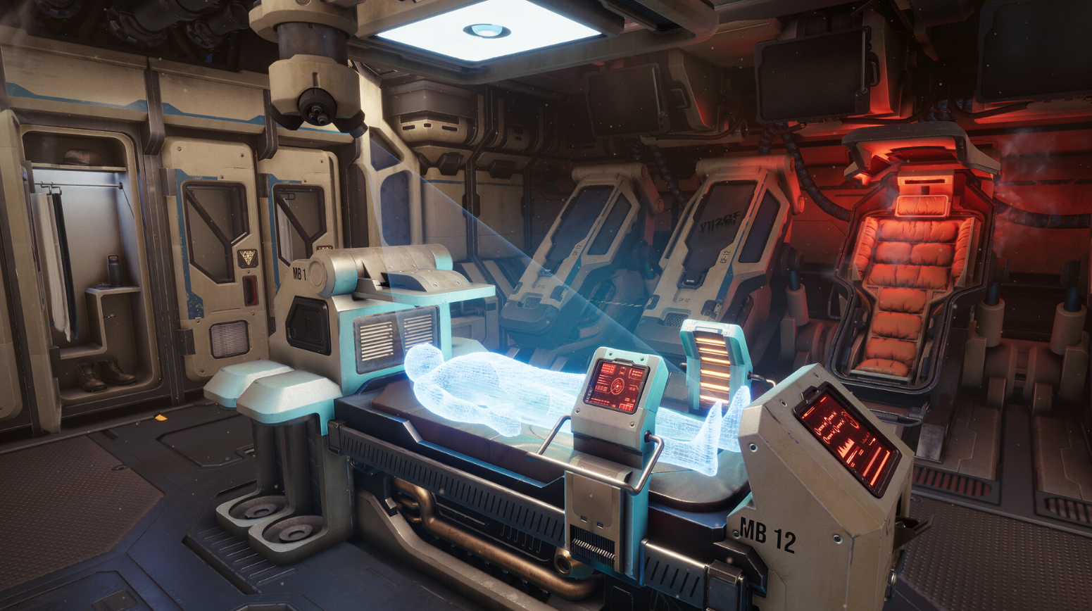 미래형 우주 의료 병동과 크라이오포드를 보여주는 Escape Simulator 2의 스크린샷