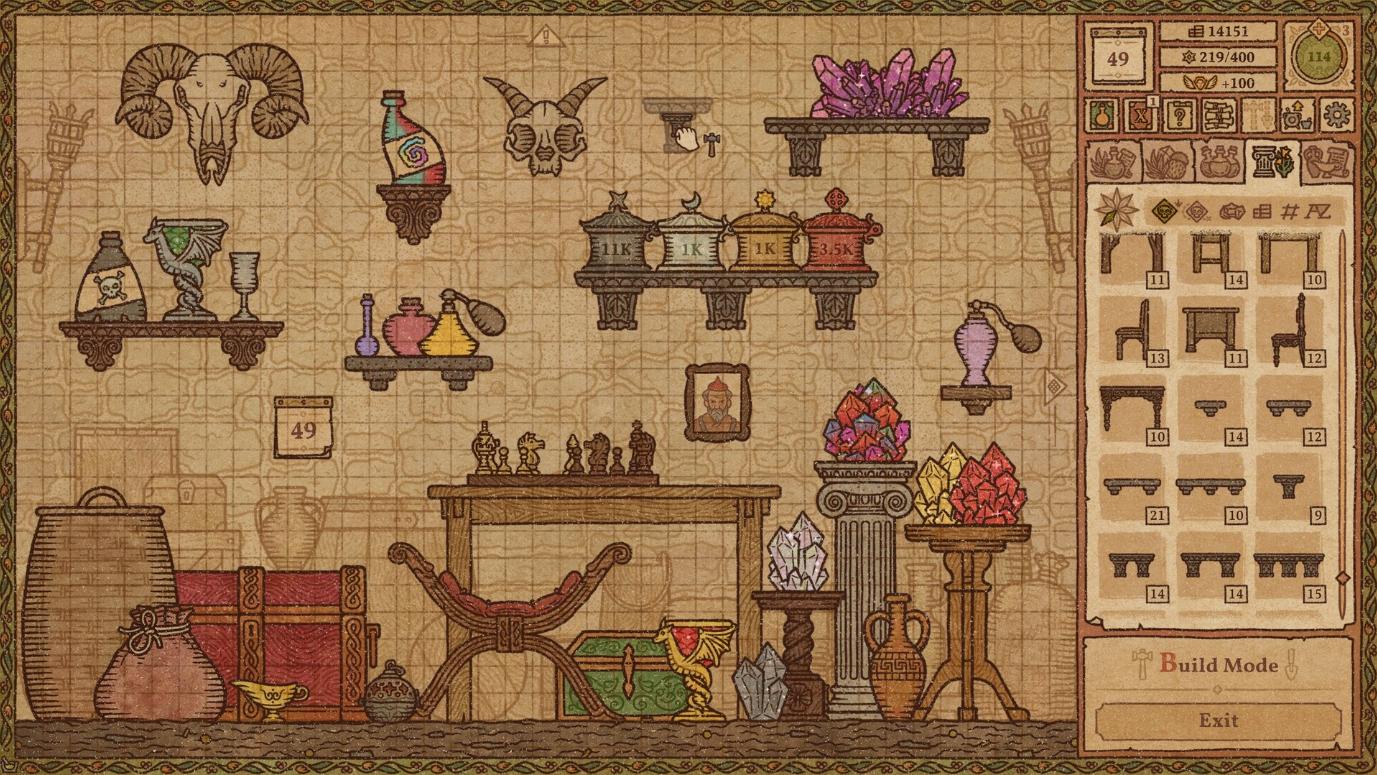 새로운 건축 모드를 보여주는 Potion Craft: Alchemist Simulator 게임의 스크린샷
