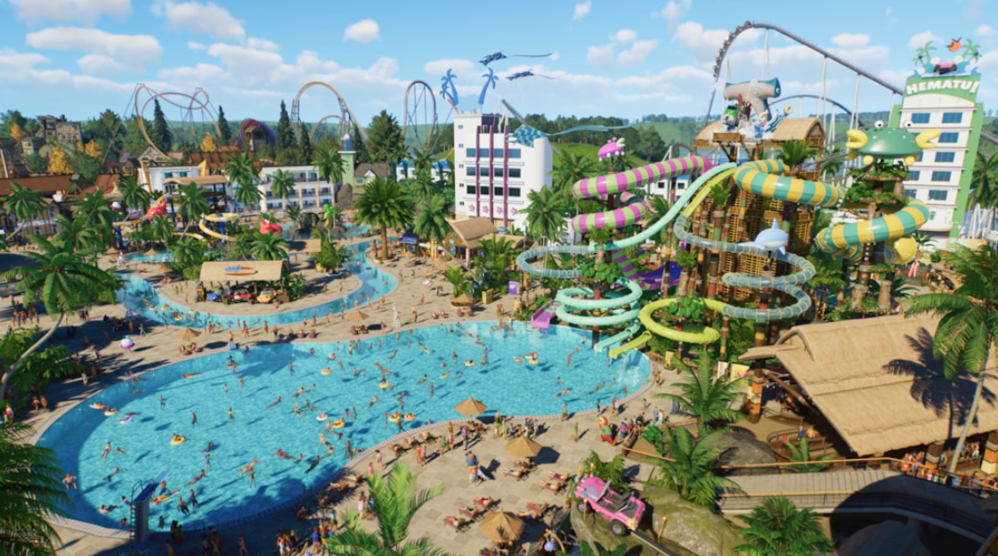 전경에 대형 수영장이 있는 워터파크를 보여주는 Planet Coaster 2의 스크린샷