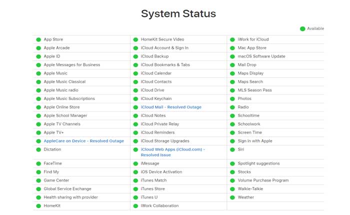 iCloud 서버 상태 확인