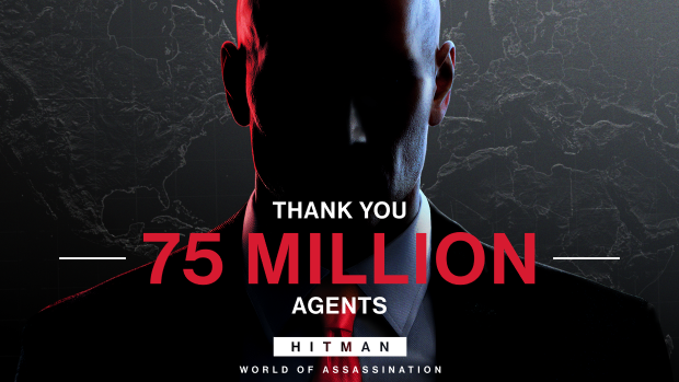 HITMAN World of Assassination의 암살자 실루엣과 THANK YOU 75 MILLION AGENTS라는 텍스트를 보여주는 그래픽.