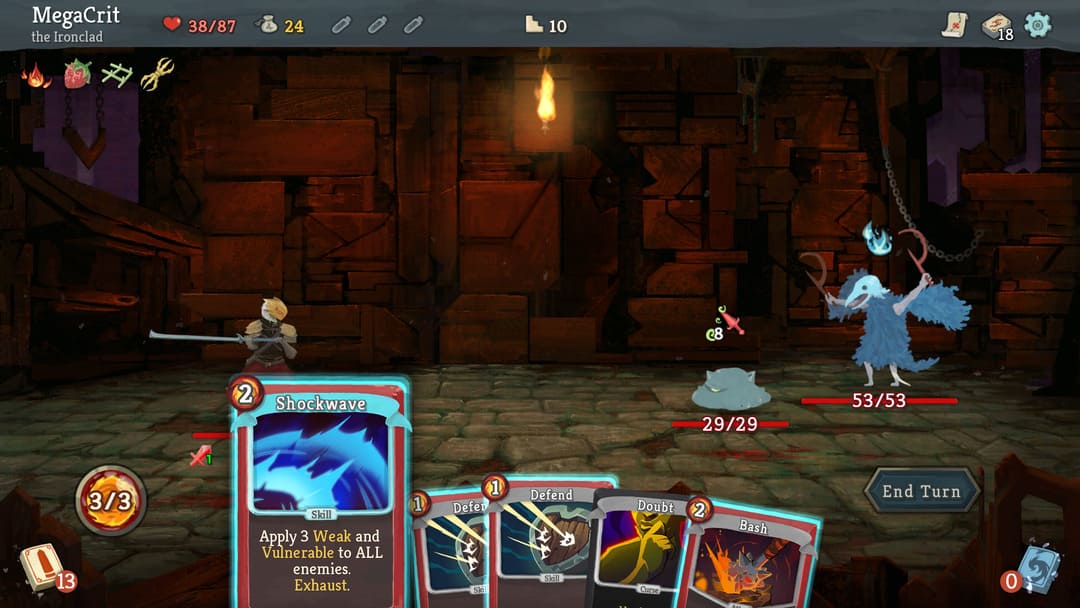 가장 인기있는 모바일 게임 중 하나 인 Spire Spire, Cards 및 사용자 인터페이스를 보여주는 스크린 샷