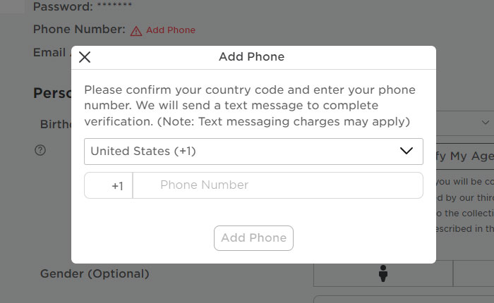 전화 번호 Roblox 계정을 추가하십시오