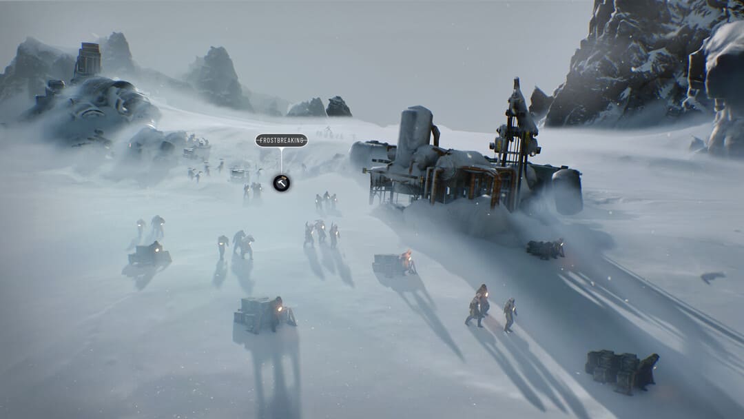 Game Frostpunk 2의 황무지를 가로 지르는 시민권 자료를 운반합니다.