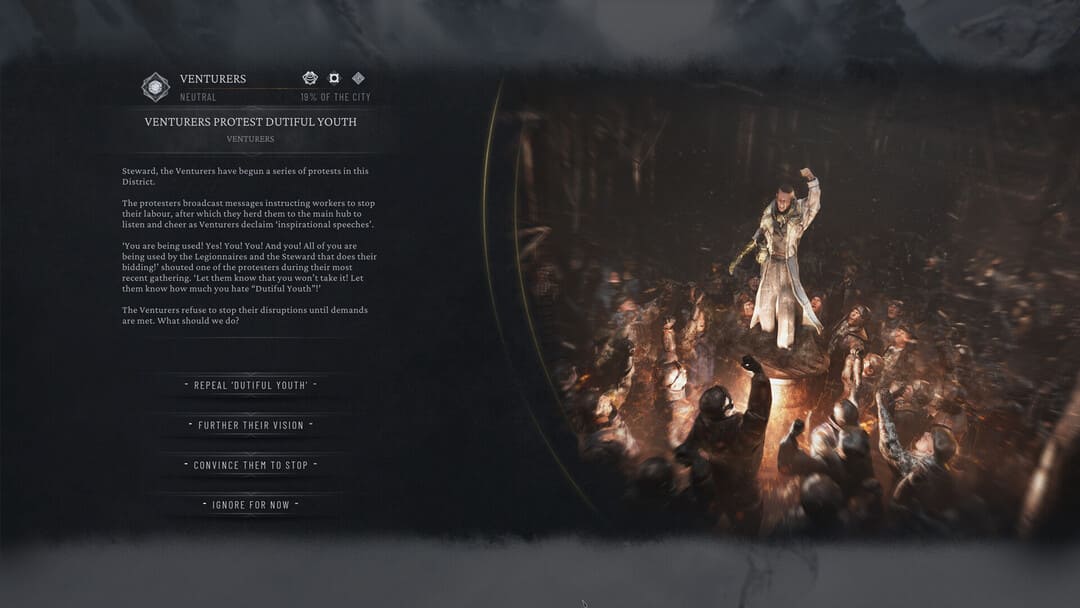 게임에서 항의가 형성됩니다. Frostpunk 2