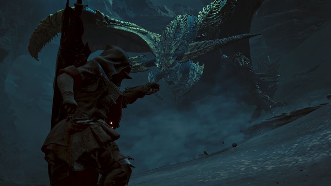 게임 몬스터 헌터 와일드 (Game Monster Hunter Wilds)의 스크린 샷은 헌터가 어두운 동굴에서 괴물에 대한 공격을 준비하는 것을 보여주는 것을 보여줍니다.