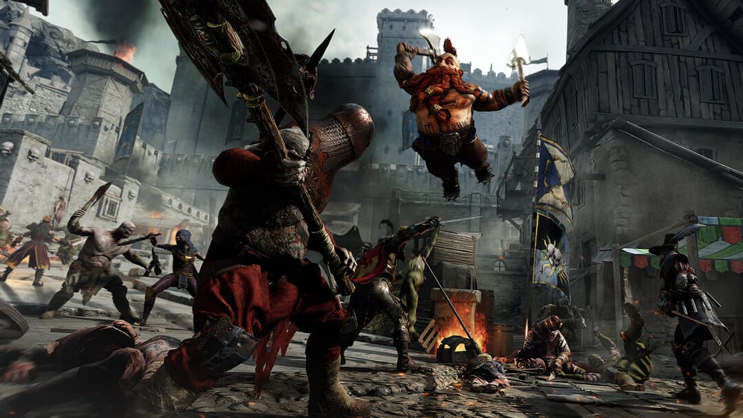Game Warhammer : Vermintide 2의 스크린 샷 : 거대한 무기를 가진 수비수를 향해 자신을 발사하는 드워프 캐릭터를 보여줍니다.