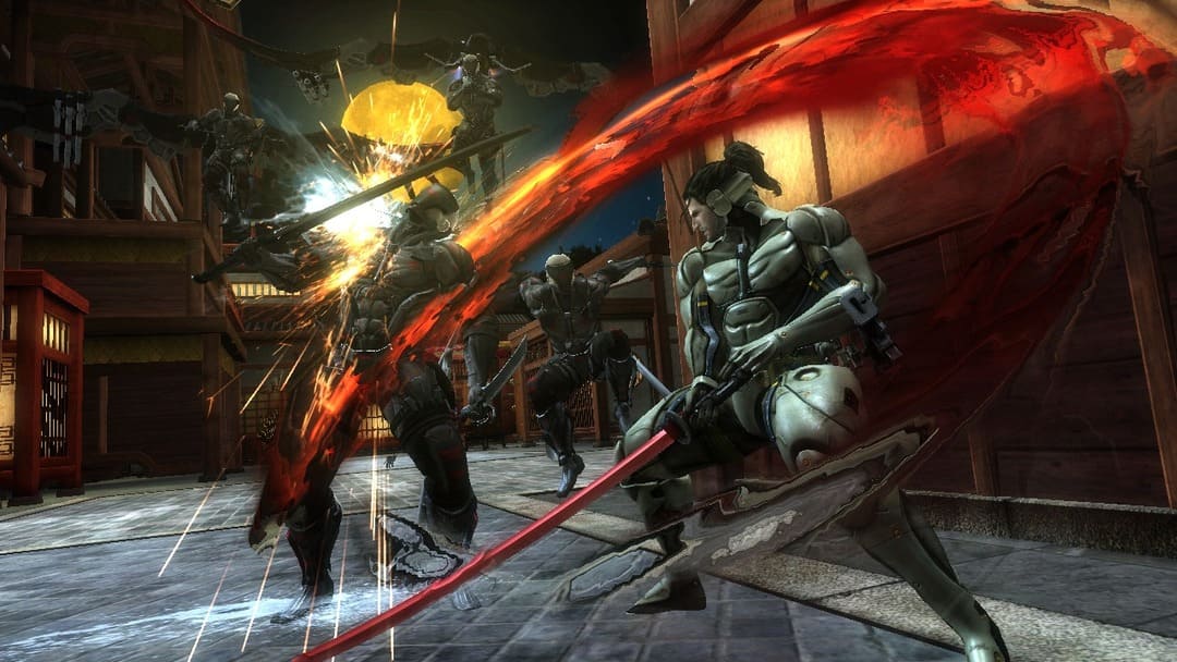 Game Metal Gear Rising의 스크린 샷 : 수비수에 대한 거대한 피 묻은 검 조각 스트라이크를 보여주는 Revengeance.
