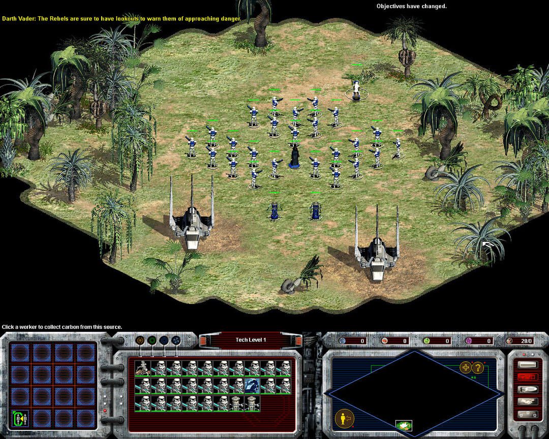 UI 및 Imperial Stormtrooper 유닛을 보여주는 Star Wars Galactic Battlegrounds의 스크린 샷