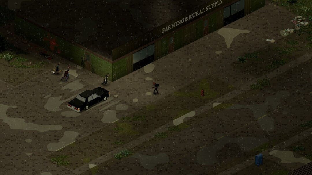 게임 프로젝트의 스크린 샷 Zomboid는 농사와 농촌 공급 상점 외부의 비에서 웅크 리고있는 영웅을 보여줍니다.
