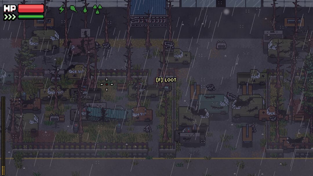 Game Zero Sievert의 스크린 샷은 UI 텍스트 "Loot"가있는 나무와 부러진 차가있는 비오는 하향식 버려진 장면을 보여주는 것을 보여줍니다. 