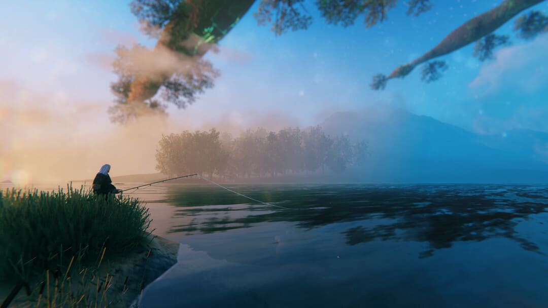 Valheim 게임의 스크린 샷은 일출에서 남자 낚시를하는 남자를 보여줍니다.