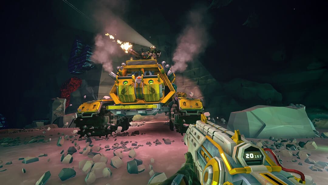 Game Deep Rock Galactic의 스크린 샷 장착 기관총 발사가있는 노란색 채굴 차량을 보여주는 스크린 샷