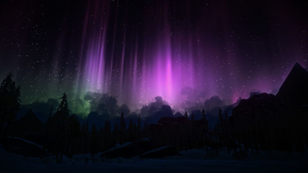 게임의 스크린 샷 The Long Dark의 스크린 샷은 황량한 Tundra Boreal Forest 위의 Aurora Borealis를 보여주는 Long Dark